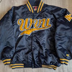 Vintage West Virginia University WVU Mountaineers Satin Varsity Jacket Navy  NCAA