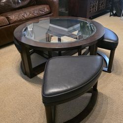 5-Piece Coffee Table Set – Glass Top + 4 Nesting Stools (Solid Wood)