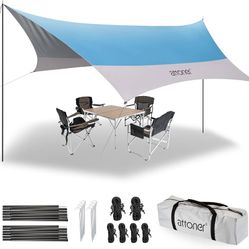 12X14FT Tarp with 2 Poles, UV UPF50+, PU3000 Waterproof Camping Tarp, Lightweight Car Awning Sun Shelter for Camping, Hiking and Backpacking Trips