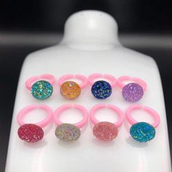 Resin Glitter Rhinestone Ring Set- Includes 8 rings- Adjustable Plastic Rings