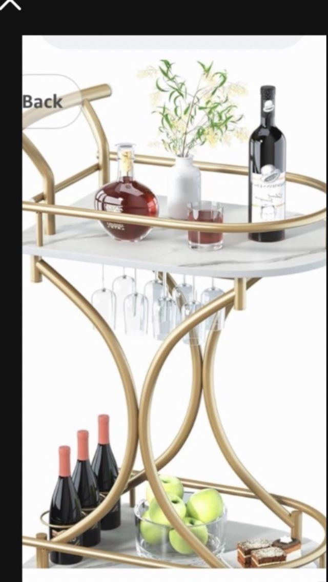 Bar Cart with Wheels Handle Rolling Home Bar Serving Carts 2 Tier Curved Anti-Collision Storage Small Trolley with Wine Rack and Glass Holder for Kitc