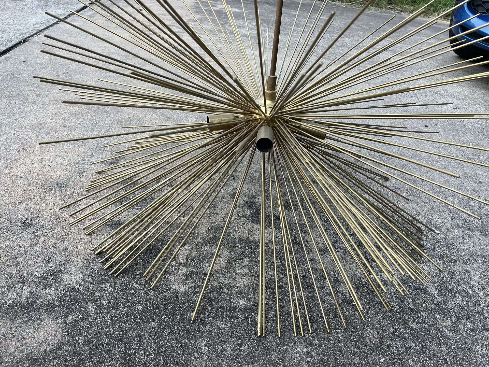 Mid Century Modern Burnished Gold Sputnik Porcupine Starburst Chandelier Hanging Lamp W/ Two Wall Sconces