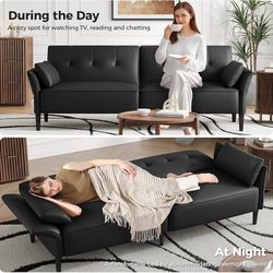 89” Futon Sofa Bed, Faux Leather Futon Couch Bed with 2 Square Pillows, Convertible Sleeper Sofa with Adjustable Backrest& Armrests, Modern