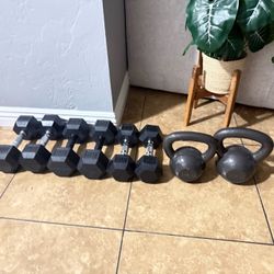 6 Hexagonal rubber  dumbbells (with ergonomic  chrome  handles -and2 kettlebell