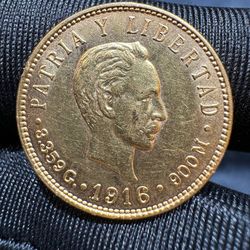 1916 5 Pesos CUBA 0.9000 Gold Coin KM# 19 8.3592g  PATRIA Y LIBERTAD