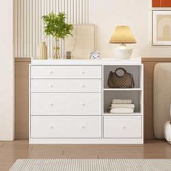 5-Drawers White Wood Dresser Vanity Table Chest of Drawers Storage Cabinet with Shelf 36.1 in. H x 47.2 W x 19.7 D
