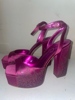 Jessica Simpson pink satin rhinestone flame heels