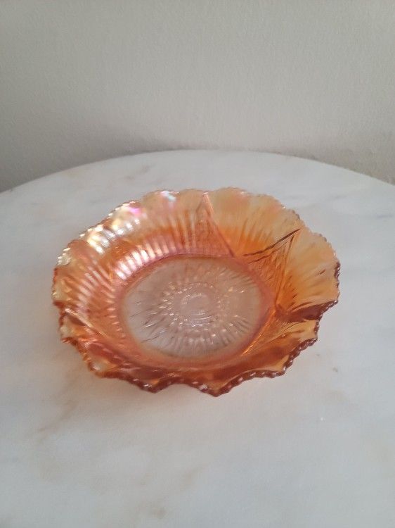 Orange Carnival Glass Candy Dish with Iridescent Hob cut glass - vintage orange glass bowl