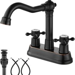 Aolemi 4 Inch Centerset Bathroom Sink Faucet Vintage 2 Cross Handle RV Mixer Tap Basin Vanity Lavatory Utility for Sink 3 Hole Include Hoses Pop Up Dr
