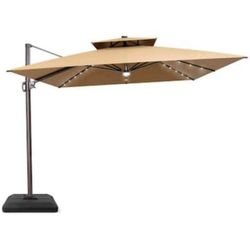 11FT Solar LED Cantilever Patio Umbrella w/ Base – 360° Tilt, Heavy Duty, solar lights and SPEAKER , Khaki