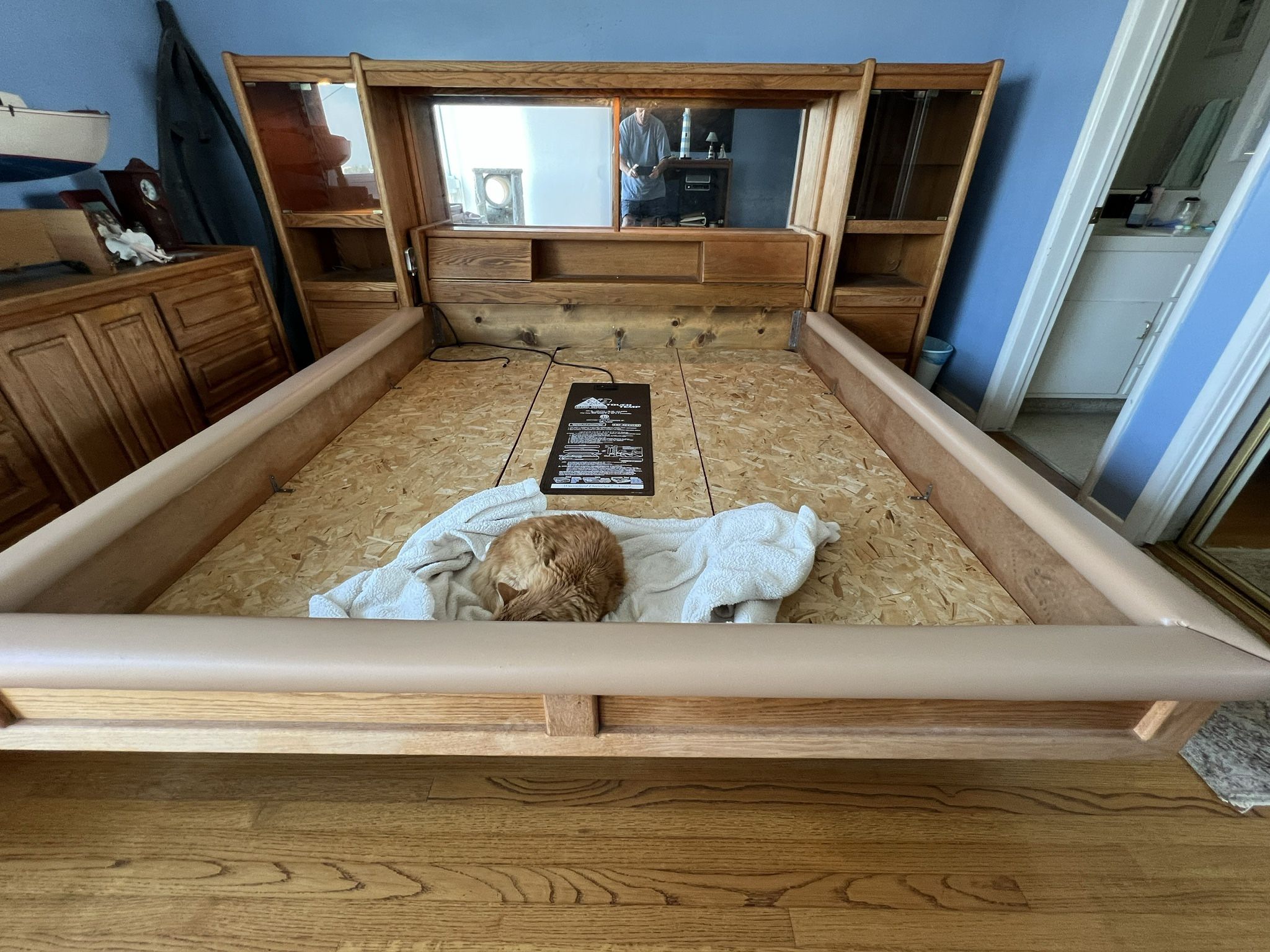 Oak Waterbed frame with lighted mirrored headboard, heater and separate dresser