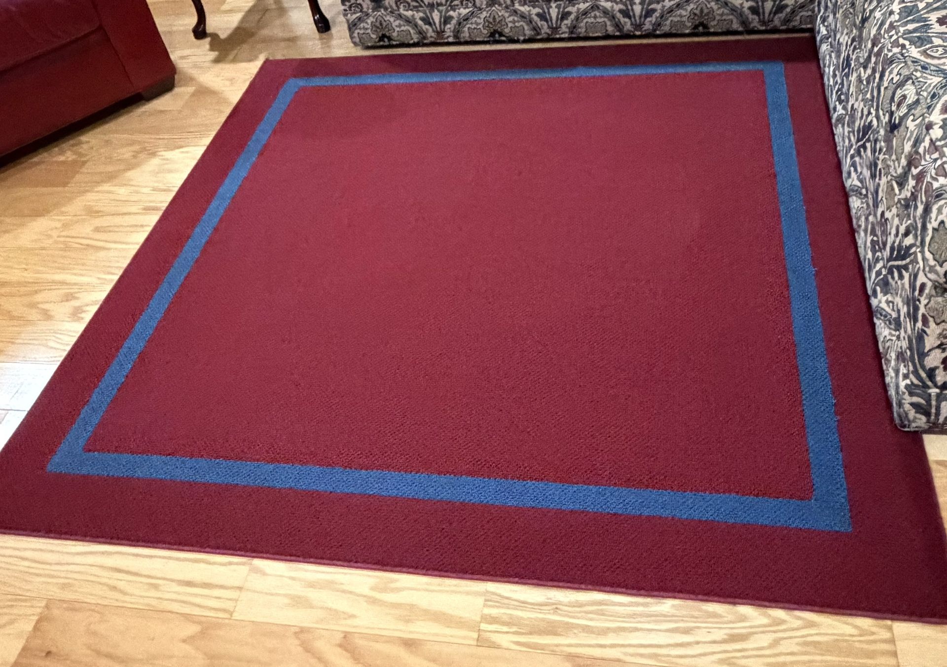 66” Square Indoor Area Rug Burgundy w/ Blue Border + Non slip pad