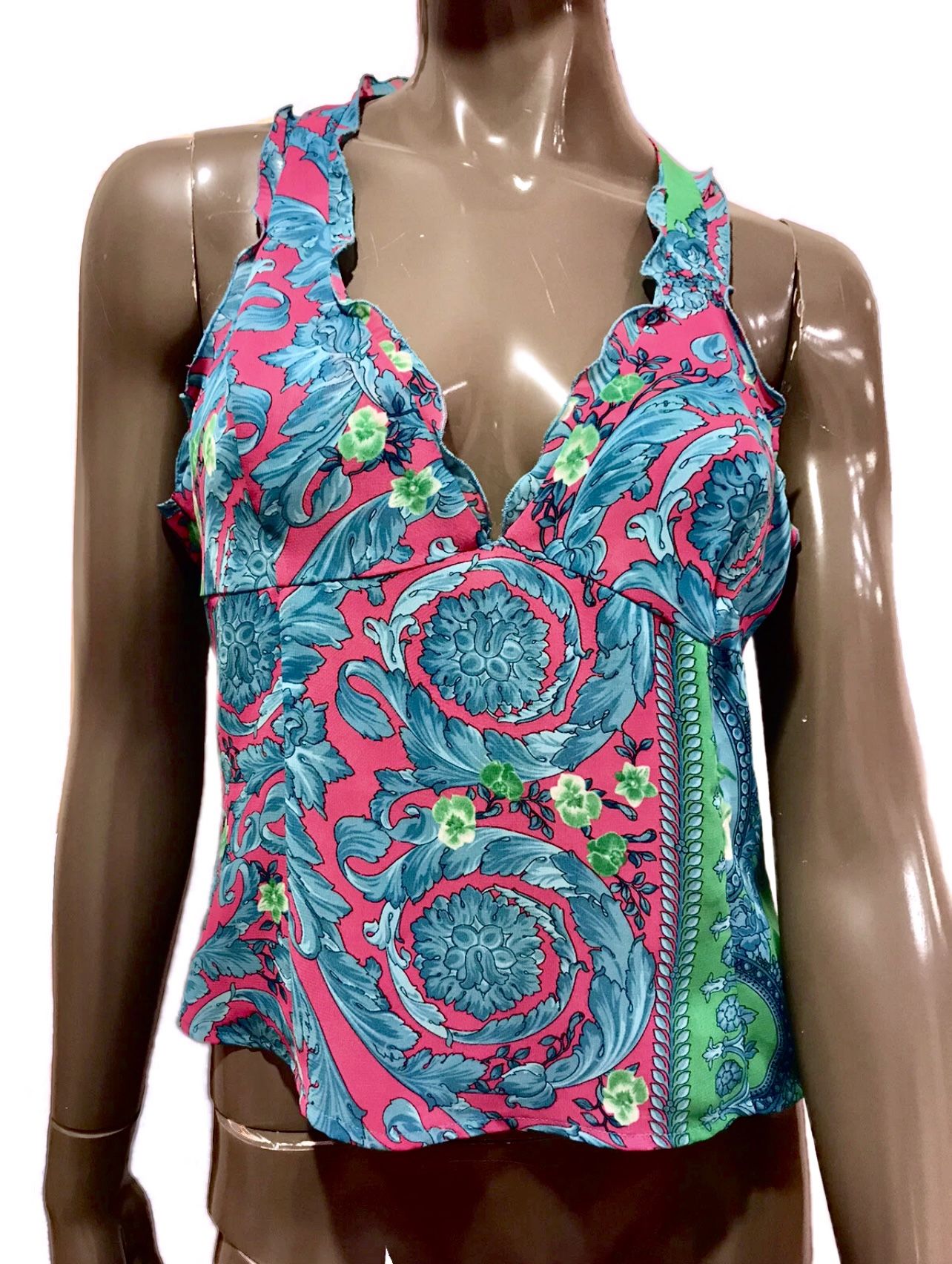 Versace Jeans Couture Women's Top Pink & Blue Floral Print Silk Sleeveless  - Size S - Made in Italy