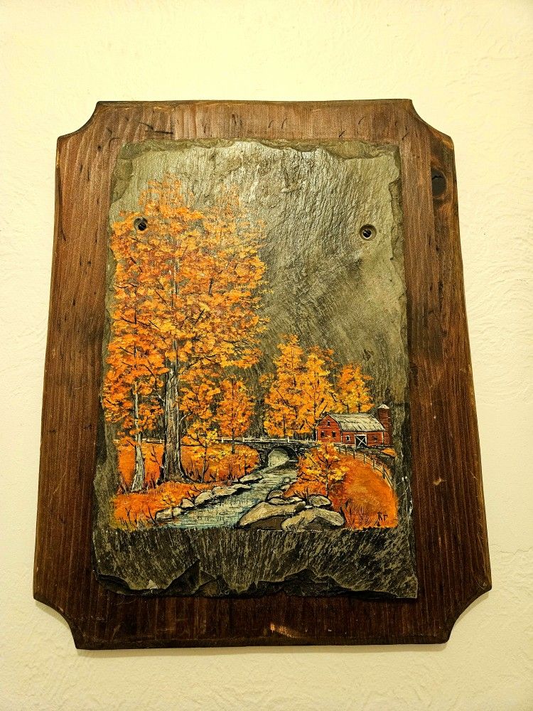 New England Folk Art Painting On Slate Mounted On A solid Wood Plaque