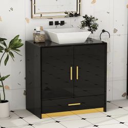 Bathroom Vanity and Vessel Sink Combo with Adjustable Shelf, 31.5", Black $170
