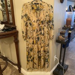 O.P.T Women Yellow Green Floral Tassel Sheer Maxi Boho Lined Dress Small