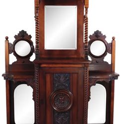 Antique Carved Wood Figural Barley Twist  & Mirrored Étagère Shelf Hall Tree 