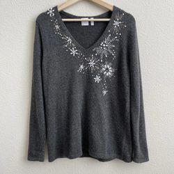 J. JILL Grey Yak Hair Beaded Sequin Holiday Snowflake V Neck Pullover Sweater