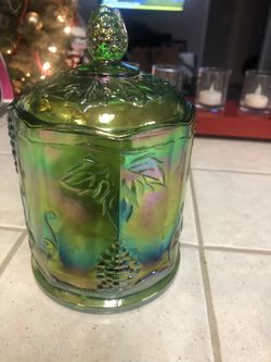 Vintage Carnival Glass Iridescent Green Candy Dish With Lid