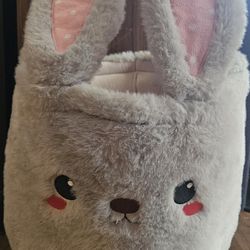 EASTER GREY BUNNY RABBIT  SOFT  PLUSH  CANDY  BASKET/PAIL PRE-OWNED