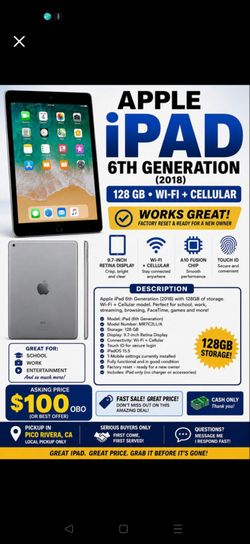 Apple iPad 6th Gen (2018) 128GB Wi-Fi + Cellular - Excellent Condition
