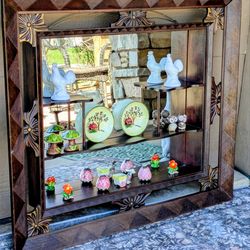 Antique Wood Shadowbox Wall Framed Mirror Multi Level Tiers of Shelves
