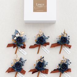 Ling's Moment Boutonniere for Men, 6pcs Groom Groomsmen Boutonniere, Artificial Flowers for Wedding Decor/Prom/Homecoming, etc.Burnt Orange Navy Blue