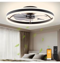 VOLISUN Low Profile Ceiling Fans with Lights and Remote, 23.6in Flush Mount Ceiling Fans with Light, 3000K-6500K Dimmable Fandelier LED Fan Light, Bla