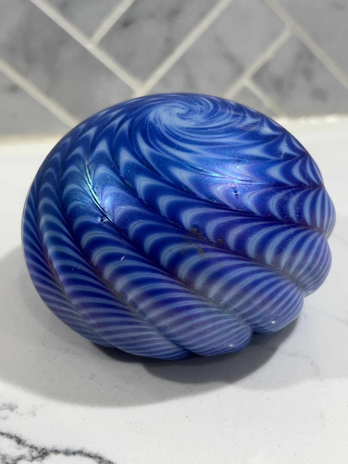 Designer Hand Blown Glass Art Glass. OBG Cobalt Blue Sea Swirl Paperweight