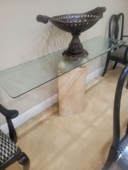 Glass Top Console Table with Stone Pedestal Base