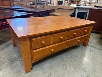 Large Wooden Natural Finish Mission Style Coffee Table with Drawers