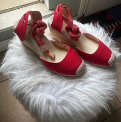 Like New 7 Red Canvas Espadrille Wedge Sandals
