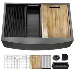 Glacier Bay 33 in. Farmhouse/Apron-Front Single Bowl 18 Gauge Gunmetal Black Stainless Steel Workstation Kitchen Sink