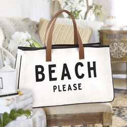 BRAND NEW- 20x11 “BEACH PLEASE” White Canvas Large Tote Bag With Brown Leather Straps