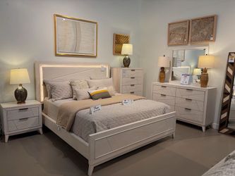 4 Piece Queen Bed Frame, Nightstand, Dresser, Mirror - Bedroom Set