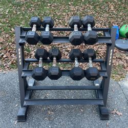 Rubber Hex Dumbbells And Racks 