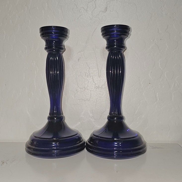 Pair of Vintage Cobalt Blue Indiana glass candle holders 8 1/2" tall