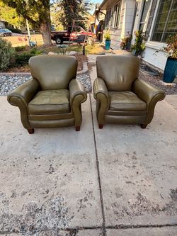 Pair of Olive Green Leather Club Chairs
