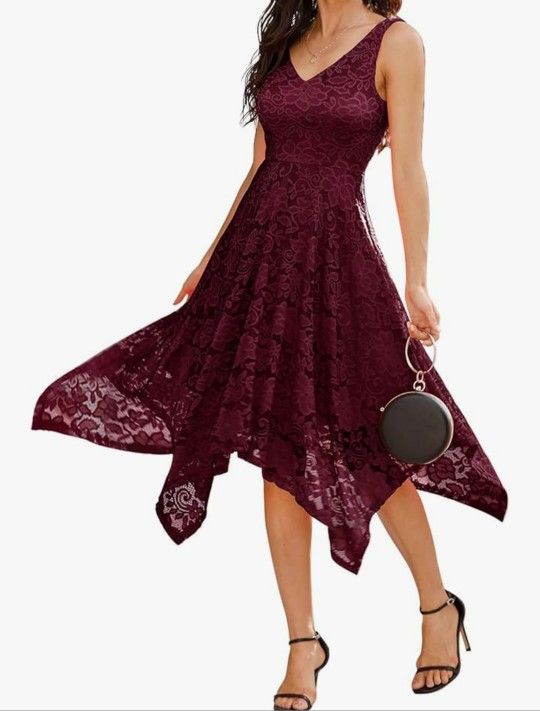 S, Meetjen Women's Lace Cocktail Party Dress 2025 Handkerchief Hem Bridesmaid Prom Formal Dresses for Wedding Guest, Burgundy