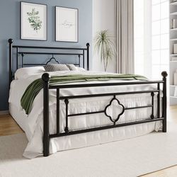 14 Inch Queen Size Metal Platform Bed Frame, Vintage Victorian Style, Wrought Iron Headboard and Footboard/Mattress Foundation for Storage/No Box Spri