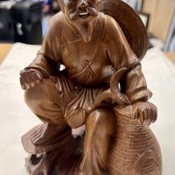 Antique Chinese Wood Hand Carved Fisherman Fisher Fish Old Man Statue Sculpture