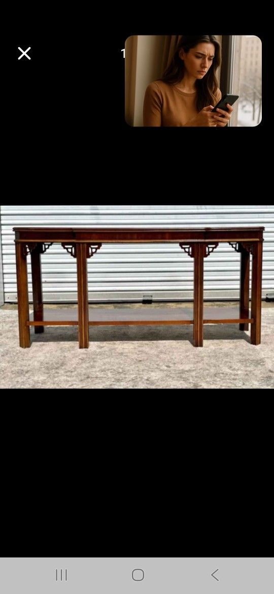 Vintage Hollywood Regency console table with fretwork details by Lane.
Chinese Chippendale style console table by Lane Furniture