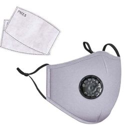 2 QTY LANDOU Reusable Fabric Face Mask with PM2.5 Filters & External Valve (Adult, Gray & Black)