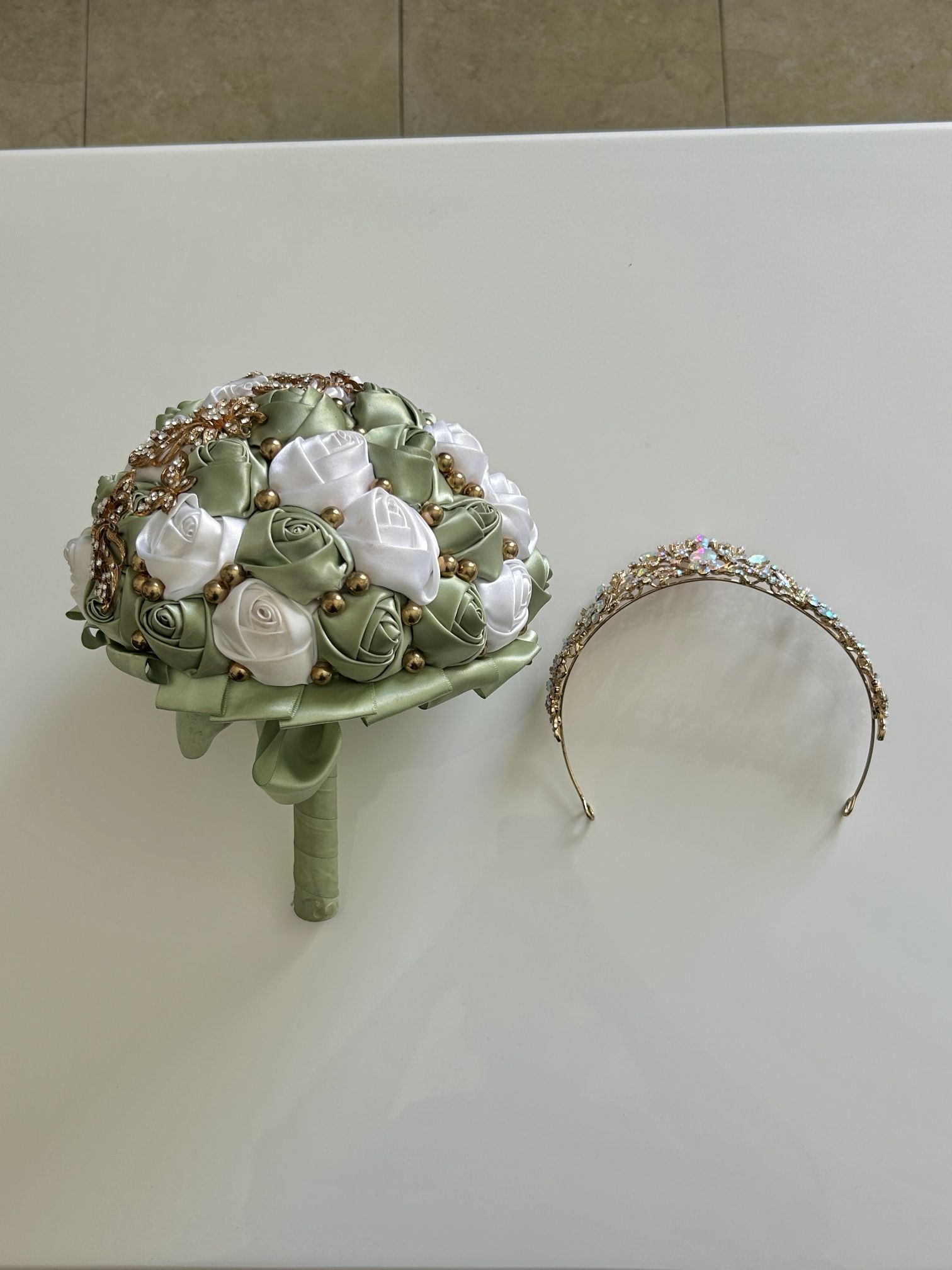 Green Sage Flower Bouquet & Crown 