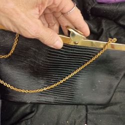 vintage Black Embossed Leather Clutch with Gold Chain