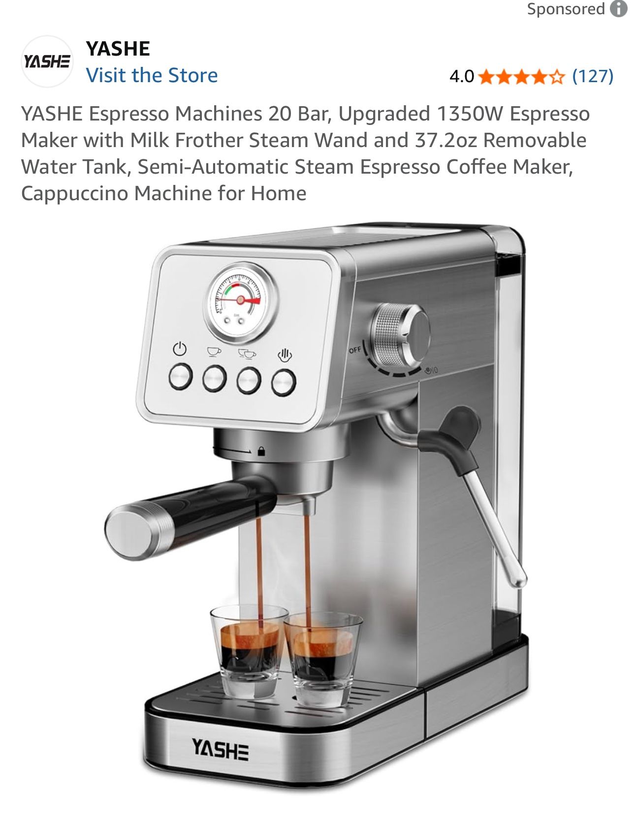 YASHE Espresso Machines 20 Bar, Upgraded 1350W Espresso Maker with Milk Frother Steam Wand and 37.2oz Removable Water Tank, Semi-Automatic Steam Espre