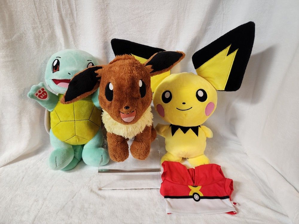 Pokemon Build A Bear Stuffy Lot Of Squirtle, Eevee, And Pichu.