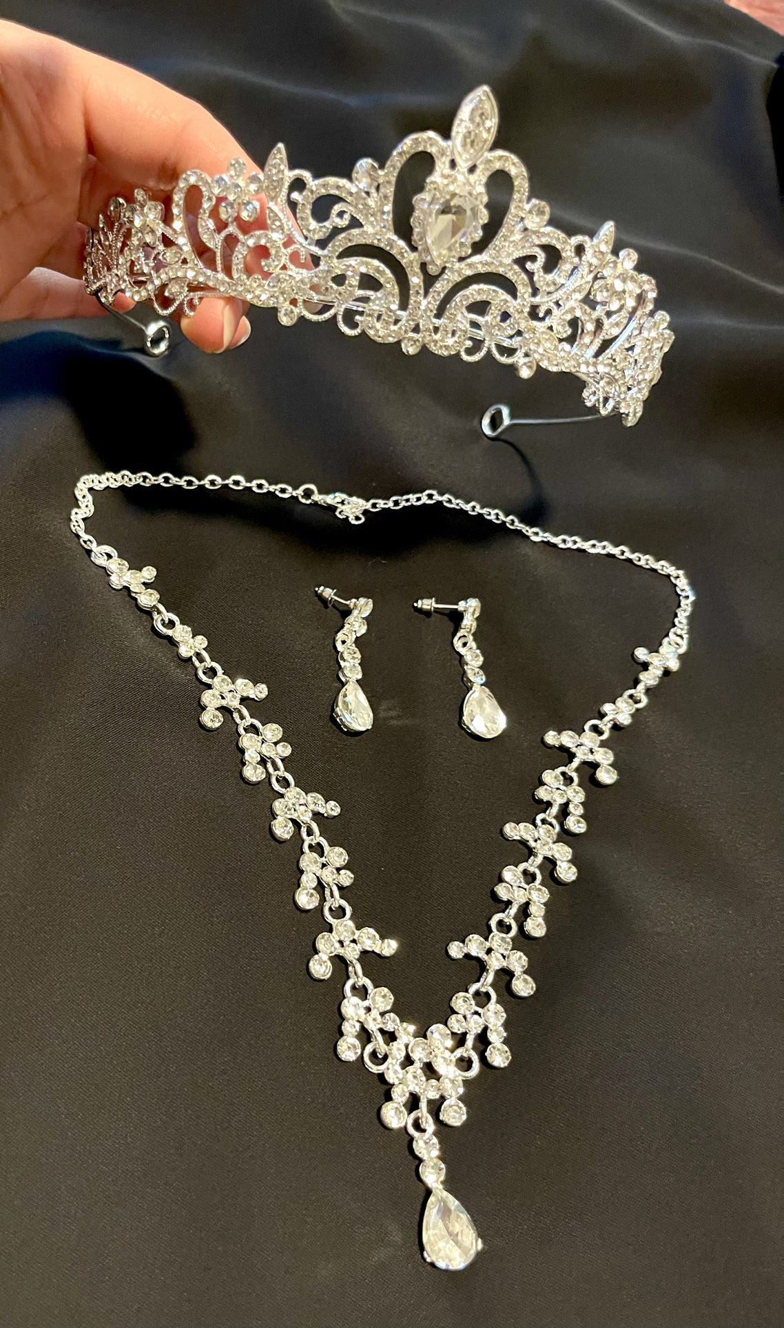 Crystal Rhinestone Tiaras Crown Necklace Earrings Fashion Jewelry Set