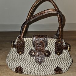 Vintage Eric Javitz Tan Hobo Straw Brown Leather Croc Embossed Trim Handbag Tote Shoulder Bag Medium