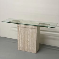 Italian Travertine and Glass Console Table by Artedi